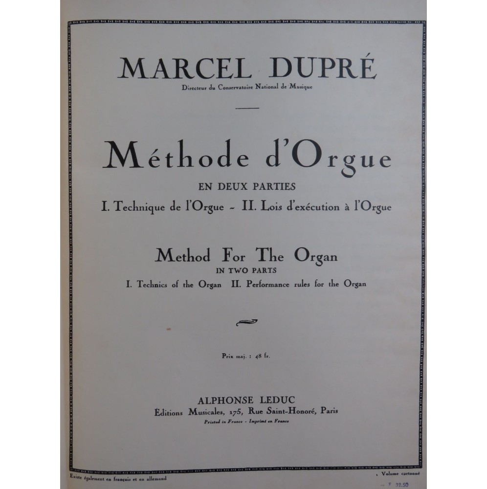 DUPRÉ Marcel Méthode d'Orgue