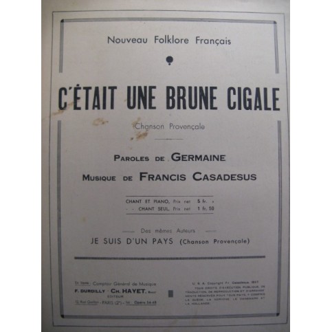 CASADESUS Francis Brune Cigale chant piano 1937