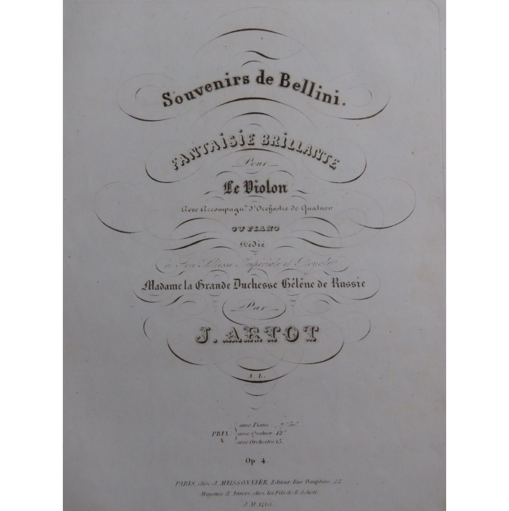 ARTOT J. Souvenirs de Bellini Fantaisie Violon Piano ca1840