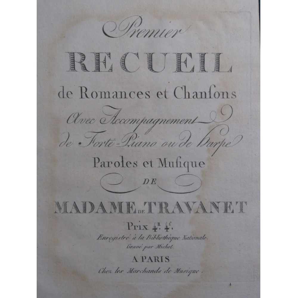 DE TRAVANET Madame Recueil Romances Chant Piano ou Harpe ca1800