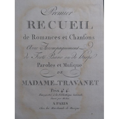 DE TRAVANET Madame Recueil Romances Chant Piano ou Harpe ca1800
