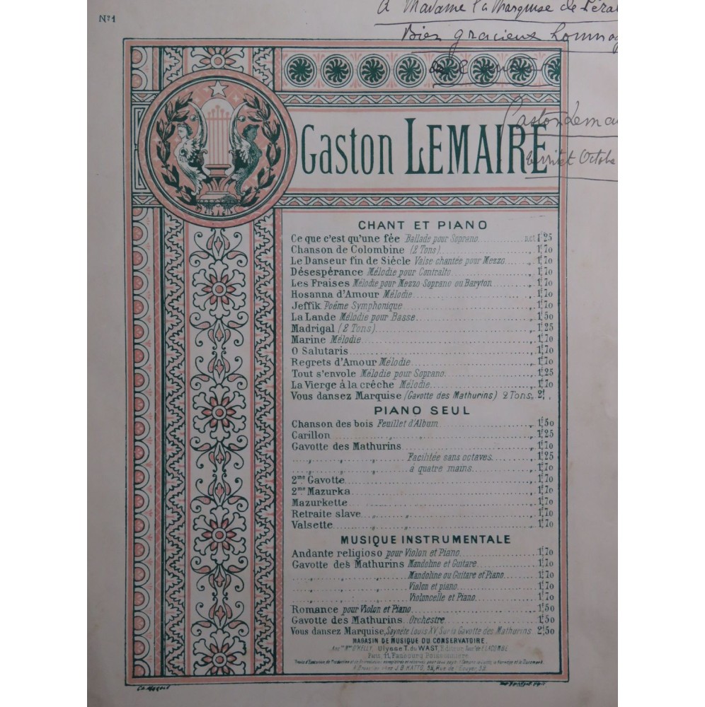 LEMAIRE Gaston Vous dansez, Marquise Dédicace Chant Piano ca1905