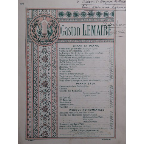 LEMAIRE Gaston Vous dansez, Marquise Dédicace Chant Piano ca1905
