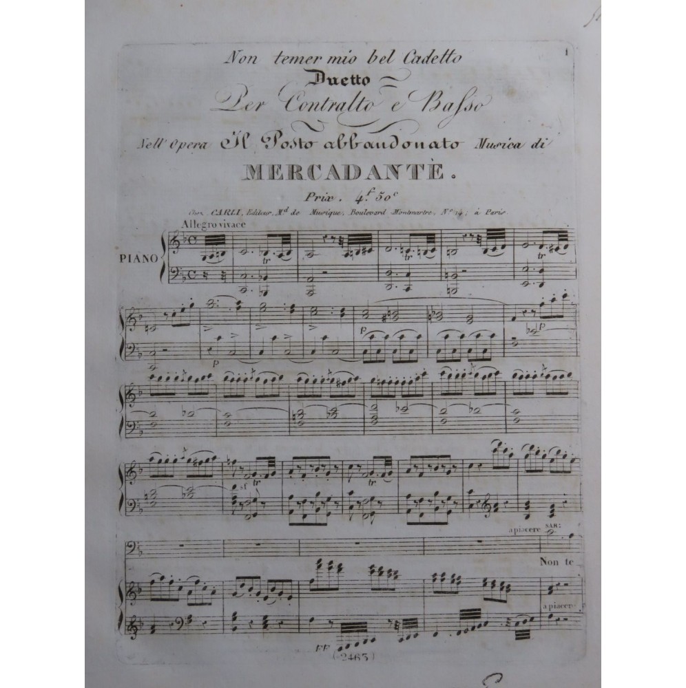 MERCADANTE Saverio Adele ed Emerico Duetto Chant Piano ca1825