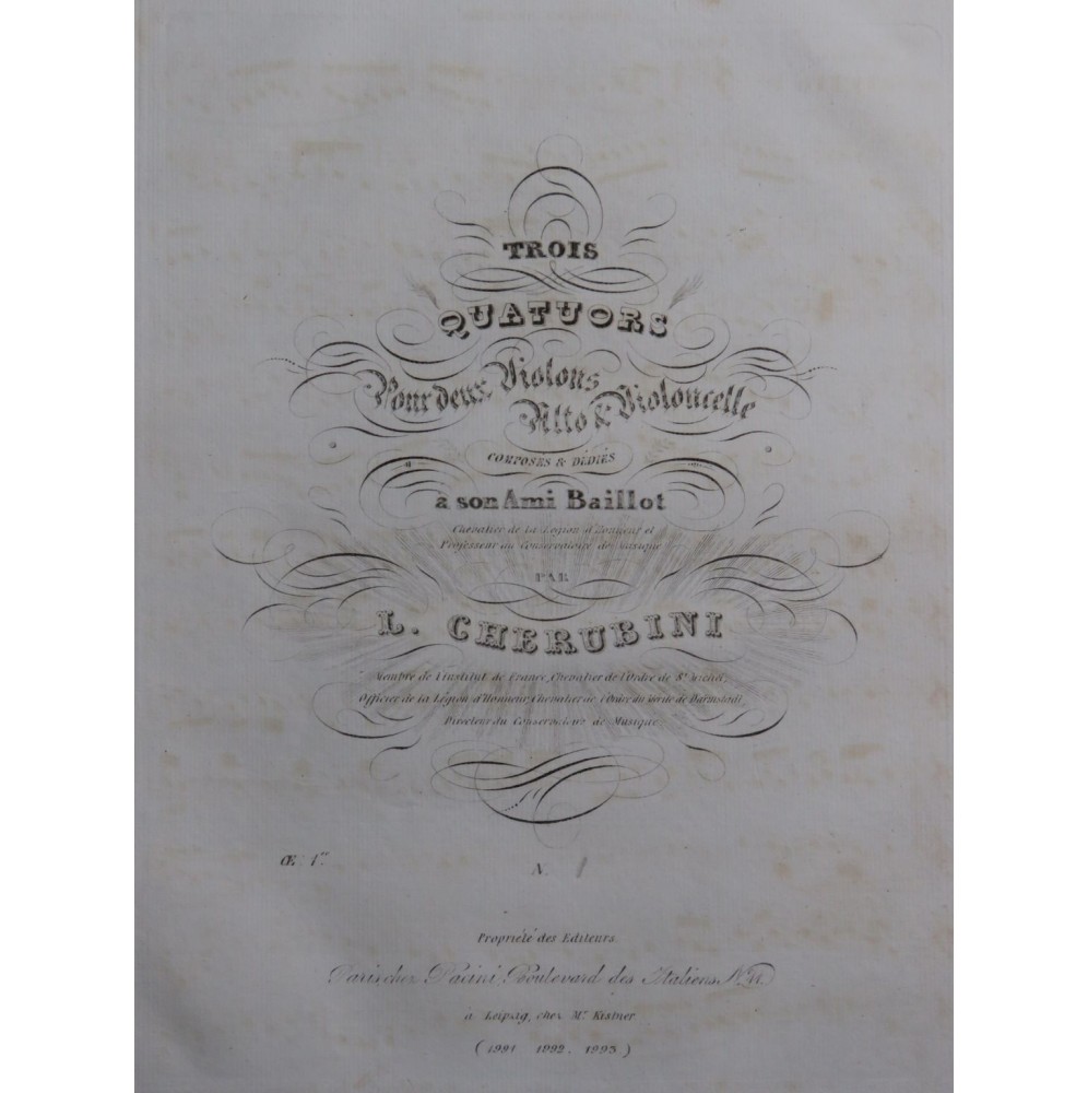 CHERUBINI Luigi Trois Quatuors op 1 No 1 Violon Alto Violoncelle ca1830