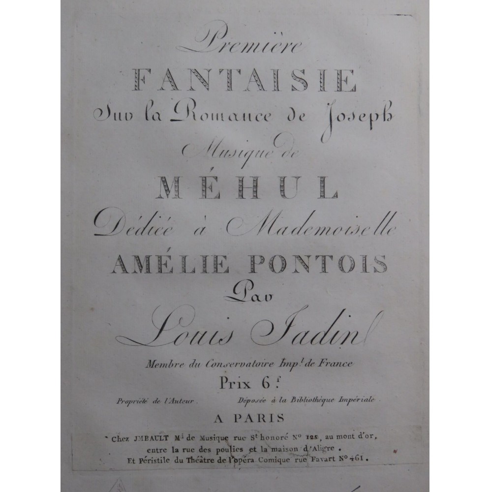JADIN Louis Fantaisie No 1 Romance de Joseph de Méhul Piano ca1808