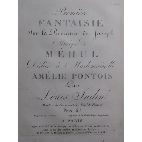 JADIN Louis Fantaisie No 1 Romance de Joseph de Méhul Piano ca1808