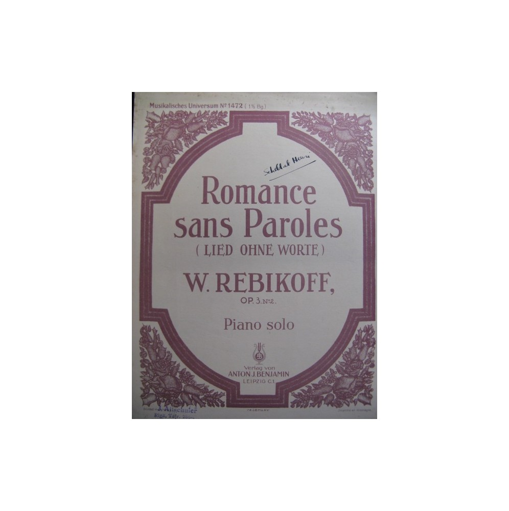 REBIKOFF W. Romance sans paroles Piano