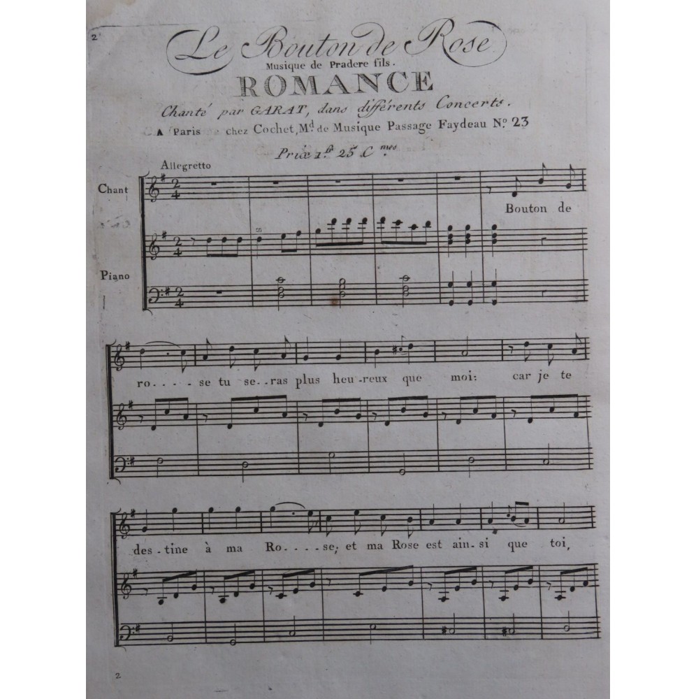 PRADÈRE Fils Le Bouton de Rose Chant Piano ca1798
