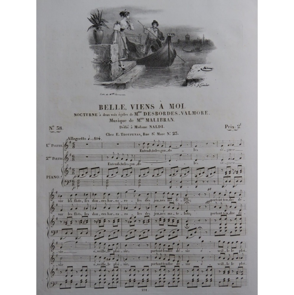 MALIBRAN Marie Belle, Viens à moi Chant Piano ca1830