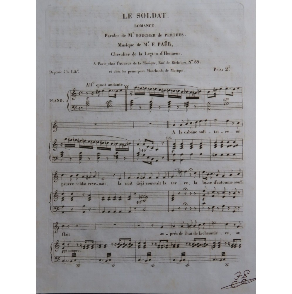 PAËR Ferdinand Le Soldat Romance Signature Chant Piano ca1820