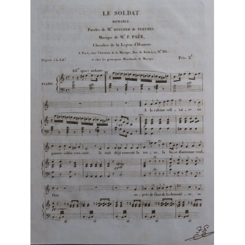 PAËR Ferdinand Le Soldat Romance Signature Chant Piano ca1820