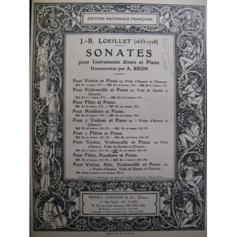 LOEILLET J. B. Sonate No 13 Violon Violoncelle Piano 1939