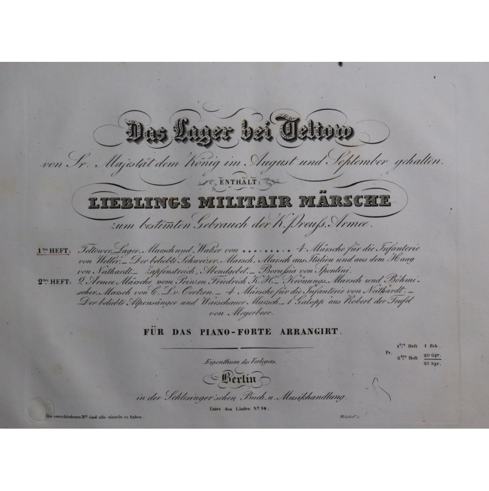 Das Lager bei Teltow Lieblings Militaire Märsche 1. Heft Piano ca1830