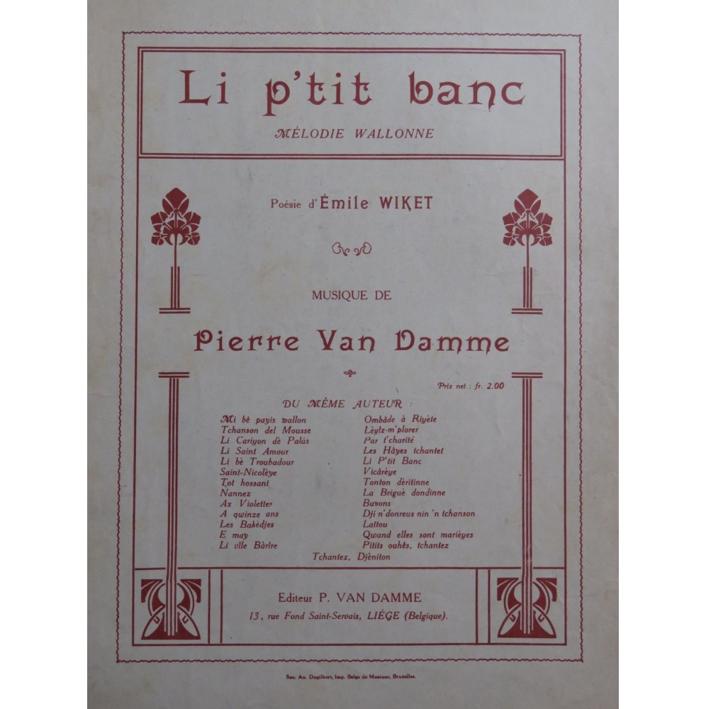 VAN DAMME Pierre Li p'tit banc Chant Piano
