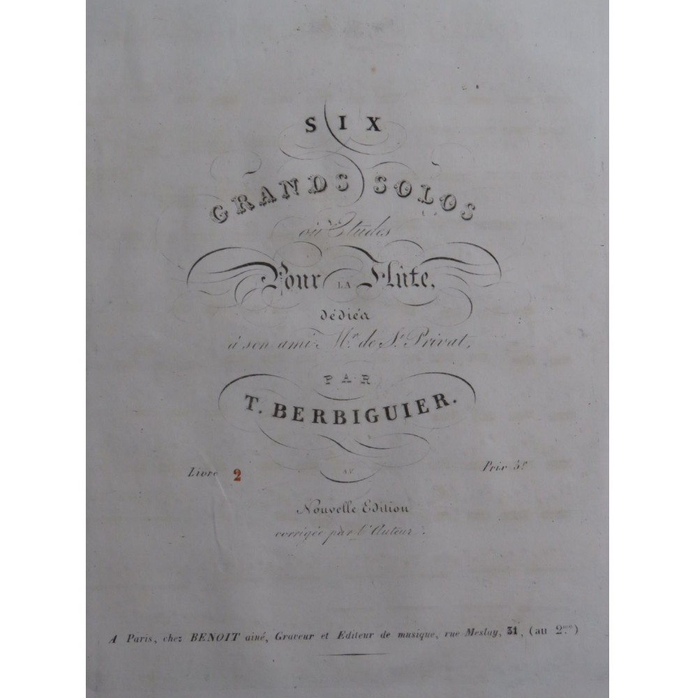 BERBIGUIER Tranquille Six Grands Solo 2ème Partie Flûte ca1820
