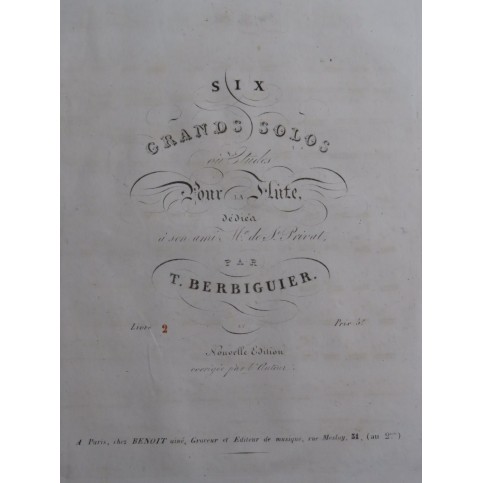 BERBIGUIER Tranquille Six Grands Solo 2ème Partie Flûte ca1820