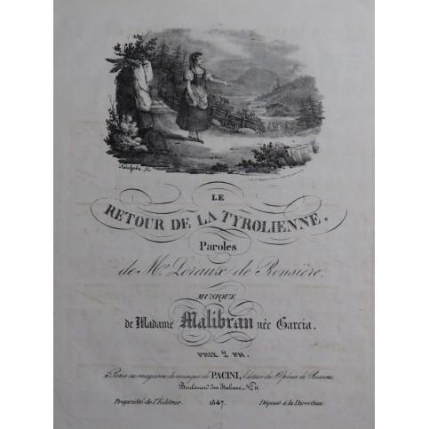 MALIBRAN Marie Le retour de la Tyrolienne Piano Chant ca1830
