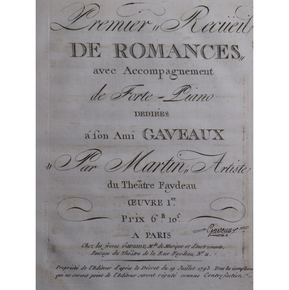 MARTIN Premier Recueil de Romances op 1 Chant Piano ca1800