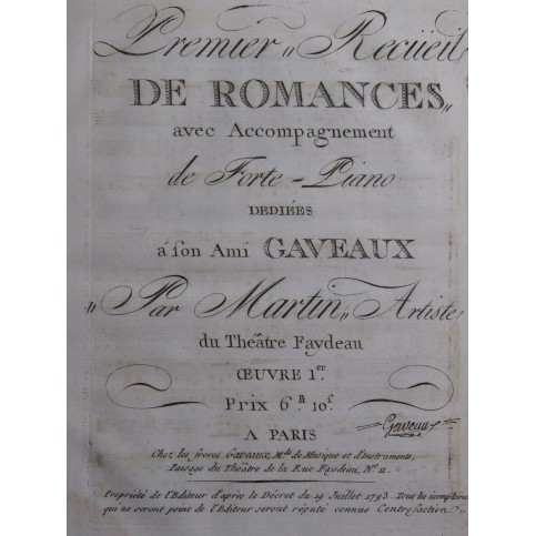 MARTIN Premier Recueil de Romances op 1 Chant Piano ca1800