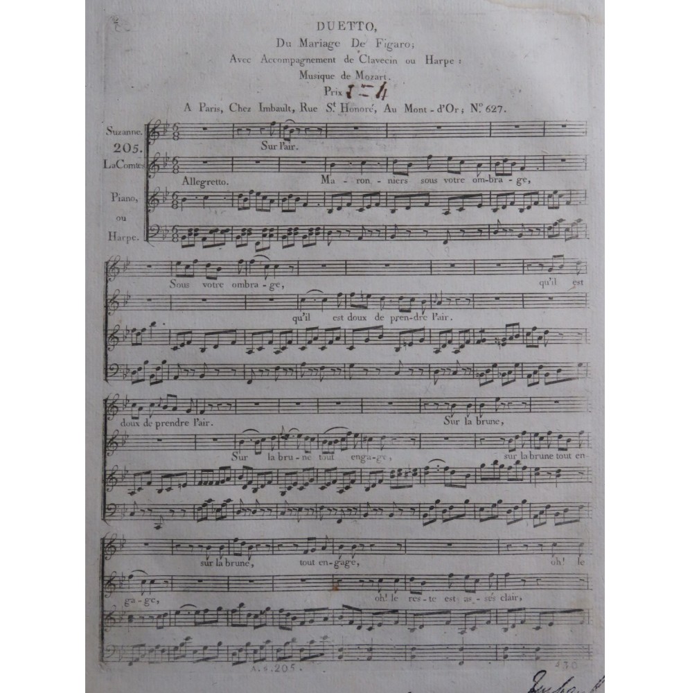 MOZART W. A. Les Noces de Figaro Duetto Chant Piano ou Harpe ca1790