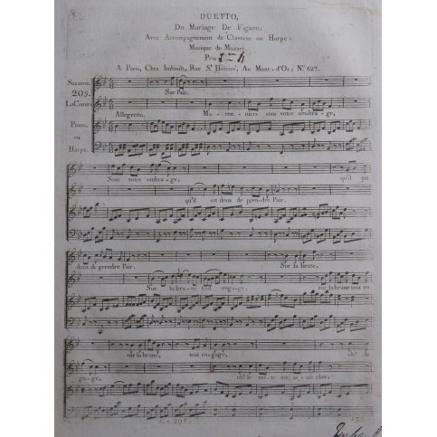 MOZART W. A. Les Noces de Figaro Duetto Chant Piano ou Harpe ca1790