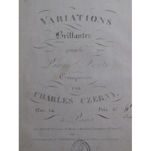 CZERNY Charles Variations Brillantes op 14 Piano ca1820