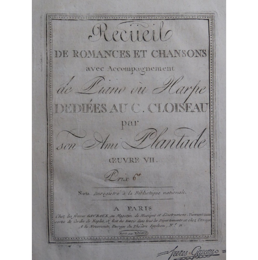 PLANTADE Charles-Henri Recueil de Romances Chant Piano ou Harpe 1796