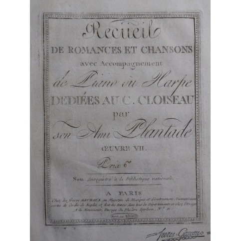 PLANTADE Charles-Henri Recueil de Romances Chant Piano ou Harpe 1796