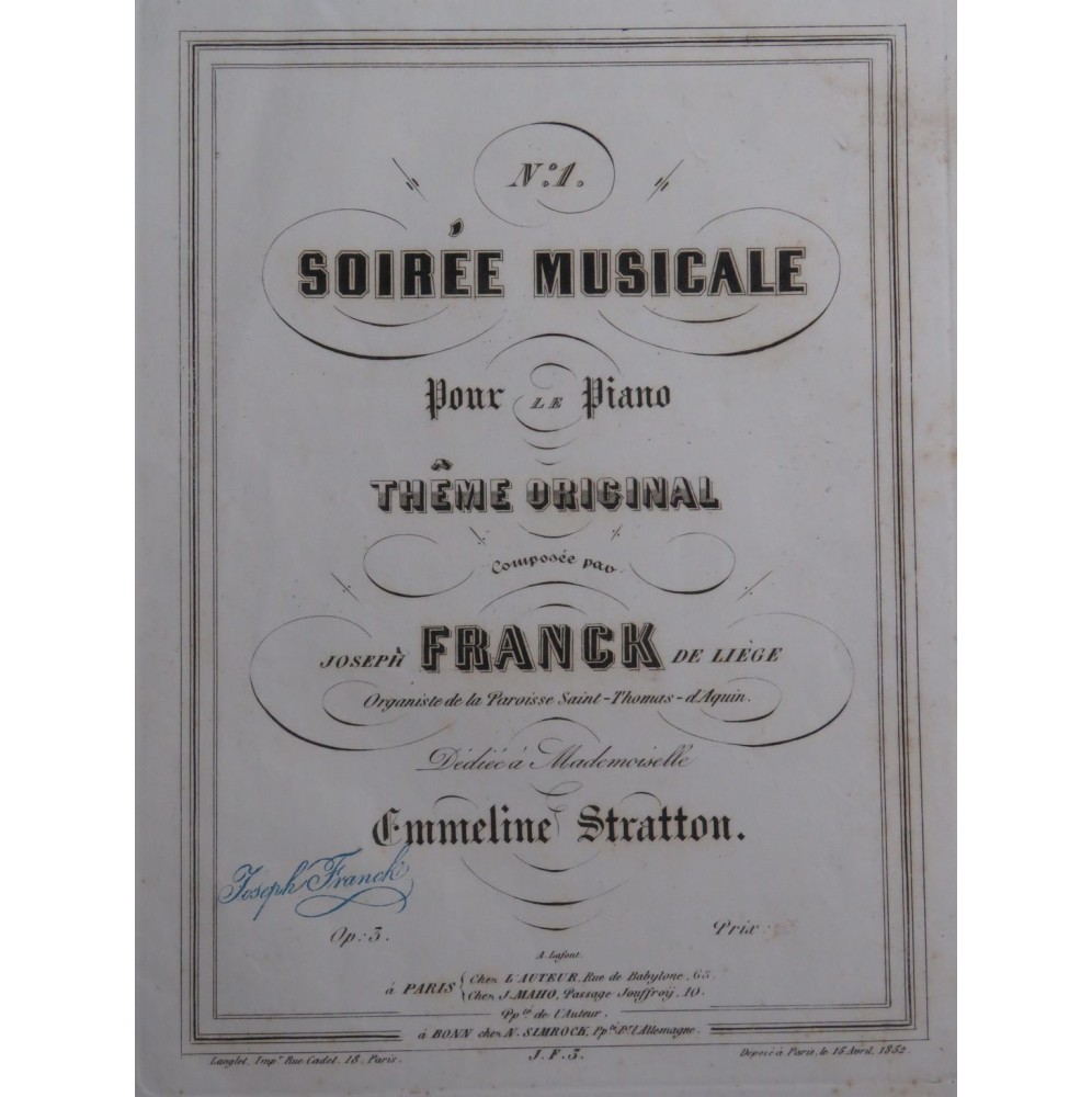 FRANCK Joseph Soirée Musicale No 1 op 3 Piano ca1855