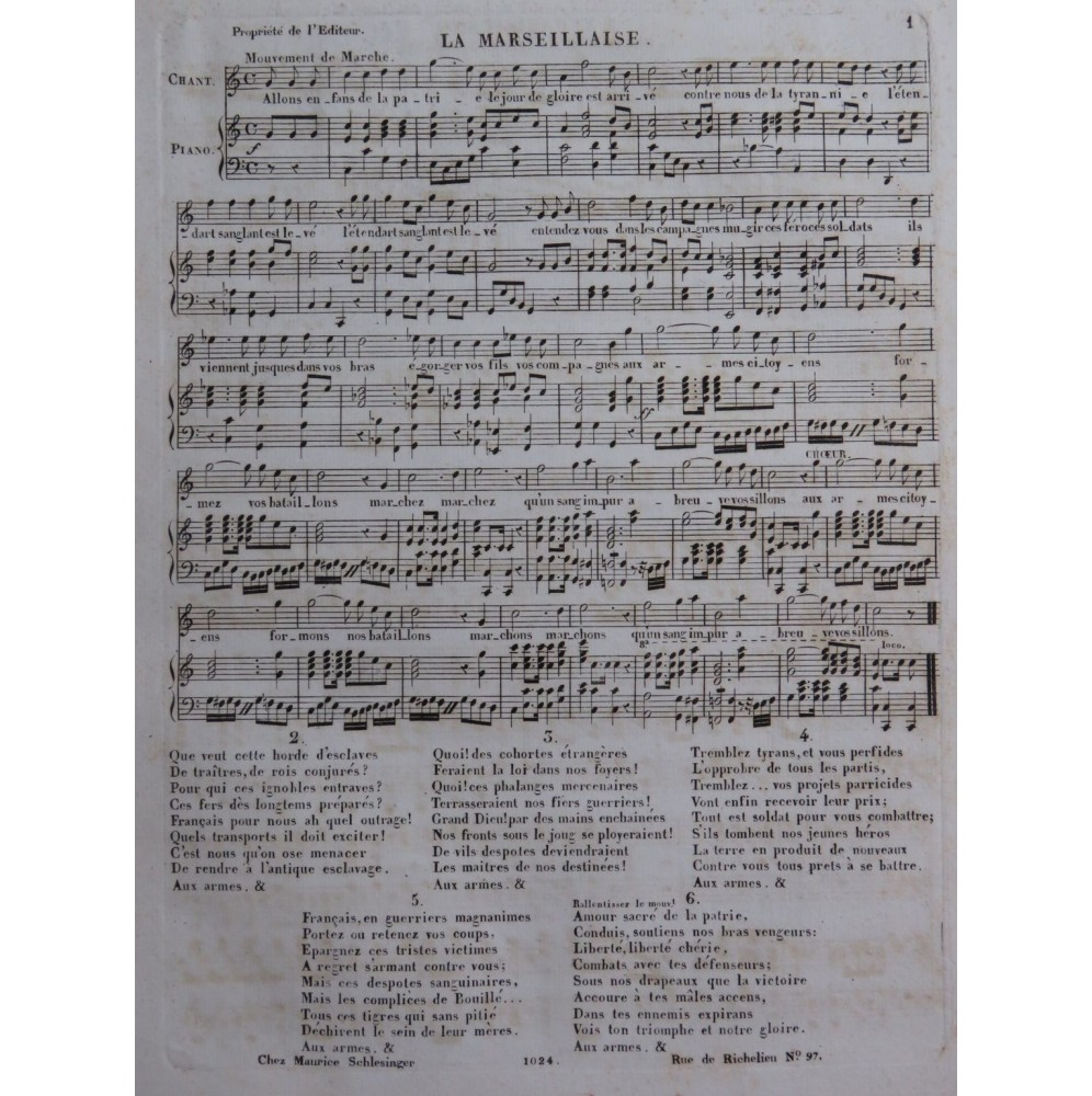La Marseillaise et La Parisienne Chant Piano ca1830