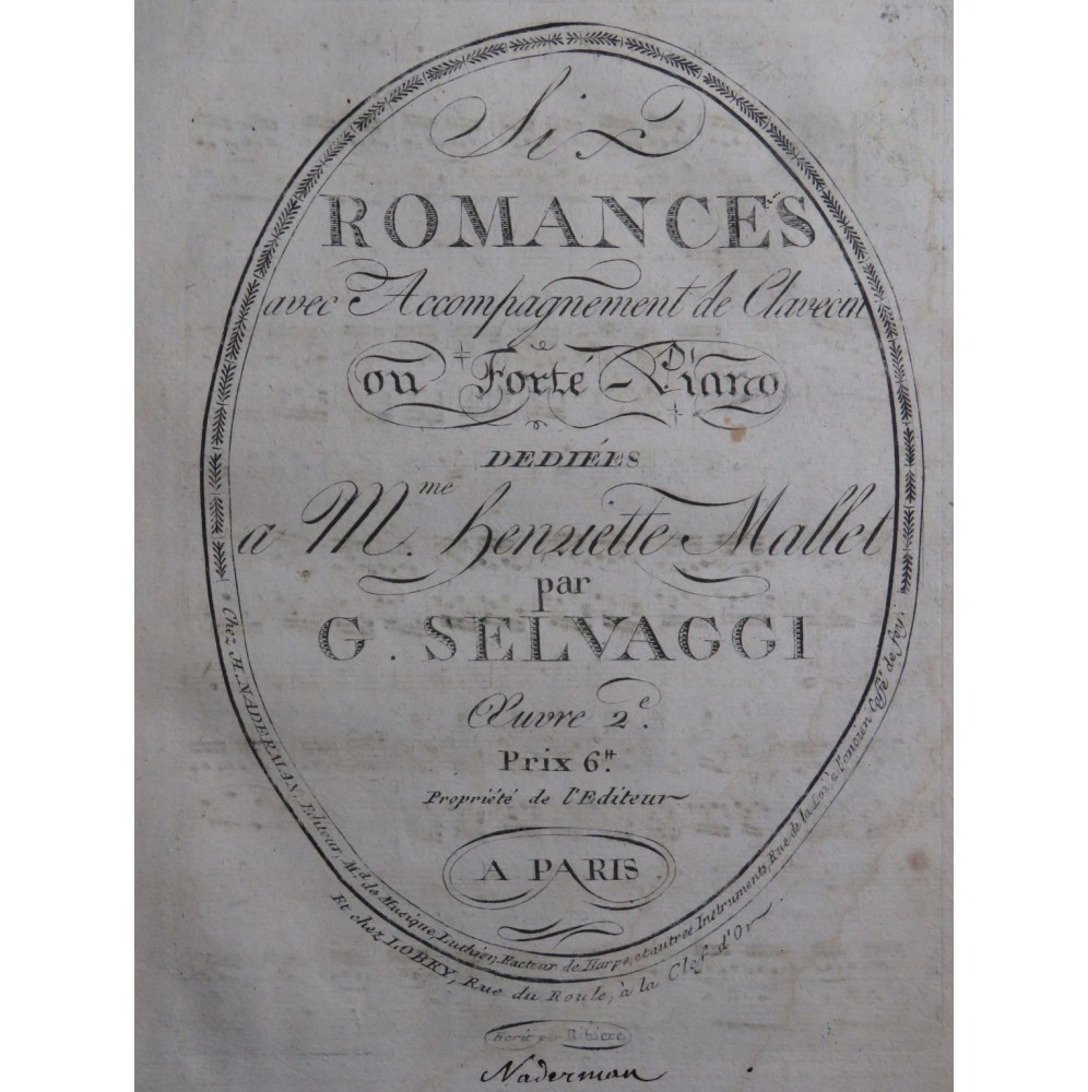 SELVAGGI G. Six Romances op 2 Chant Piano ou Clavecin ca1798