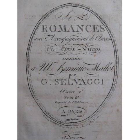 SELVAGGI G. Six Romances op 2 Chant Piano ou Clavecin ca1798