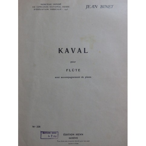 BINET Jean Kaval Dédicace Piano Flûte 1945