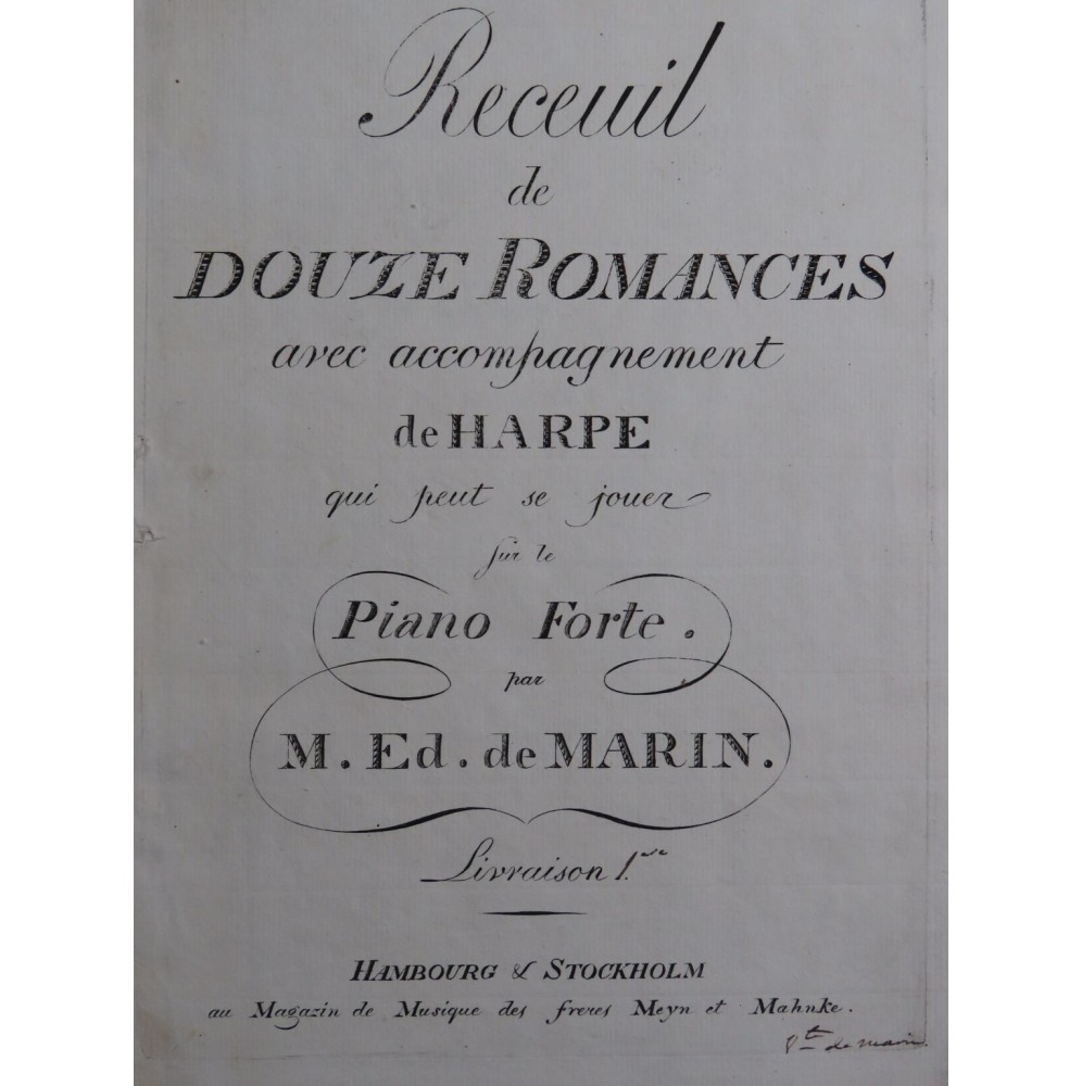 DE MARIN M. Ed. Recueil de Romances Signature Harpe Chant XVIIIe