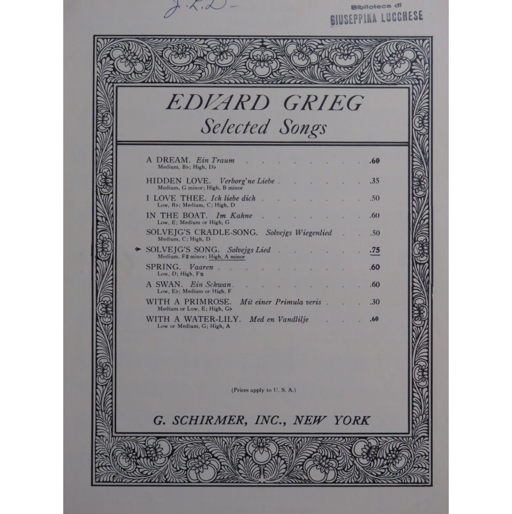 GRIEG Edvard Solvejg's Song Chant Piano 1929