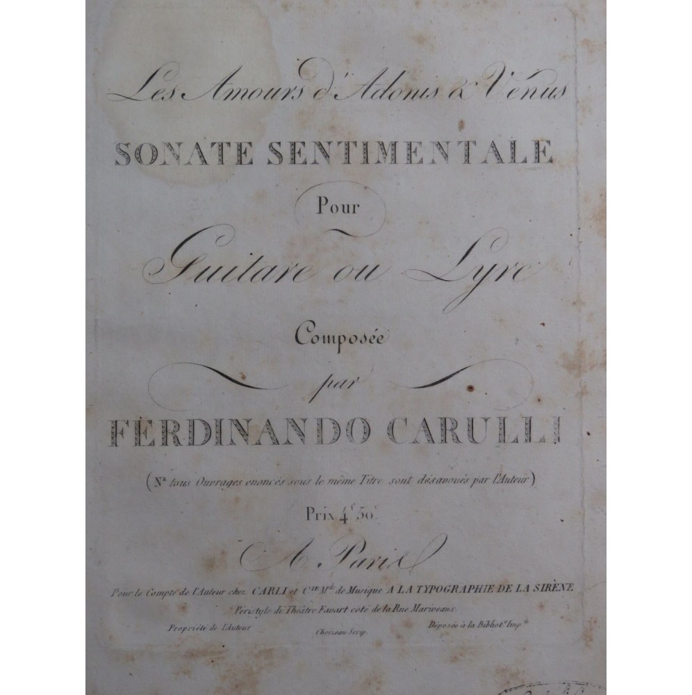 CARULLI Ferdinando Les Amours d'Adonis à Vénus Guitare ou Lyre ca1811