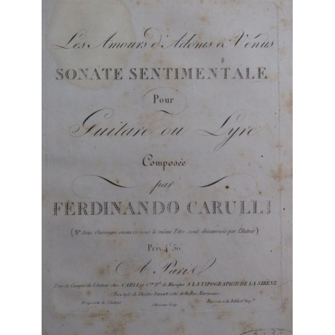 CARULLI Ferdinando Les Amours d'Adonis à Vénus Guitare ou Lyre ca1811