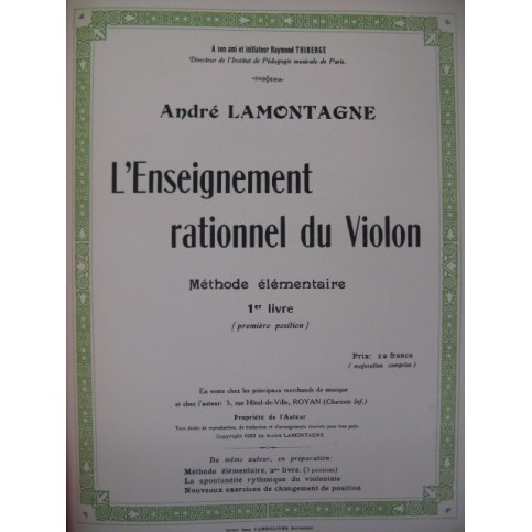 LAMONTAGNE André L'Enseignement du Violon 1933