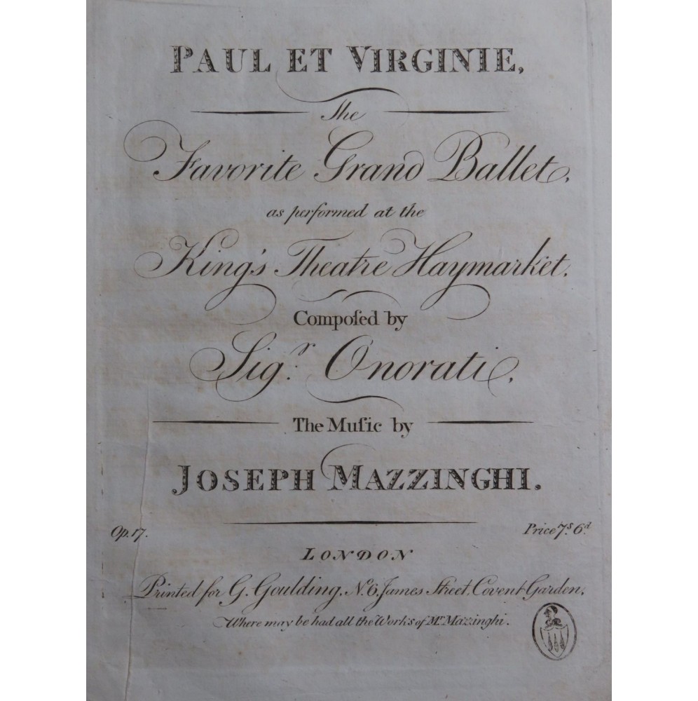 MAZZINGHI Joseph Paul et Virginie op 17 Ballet Piano ca1800