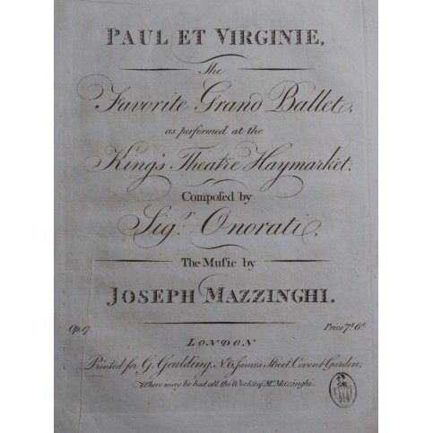 MAZZINGHI Joseph Paul et Virginie op 17 Ballet Piano ca1800