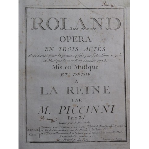 PICCINNI Niccolo Roland Opéra Signature Chant Orchestre 1778