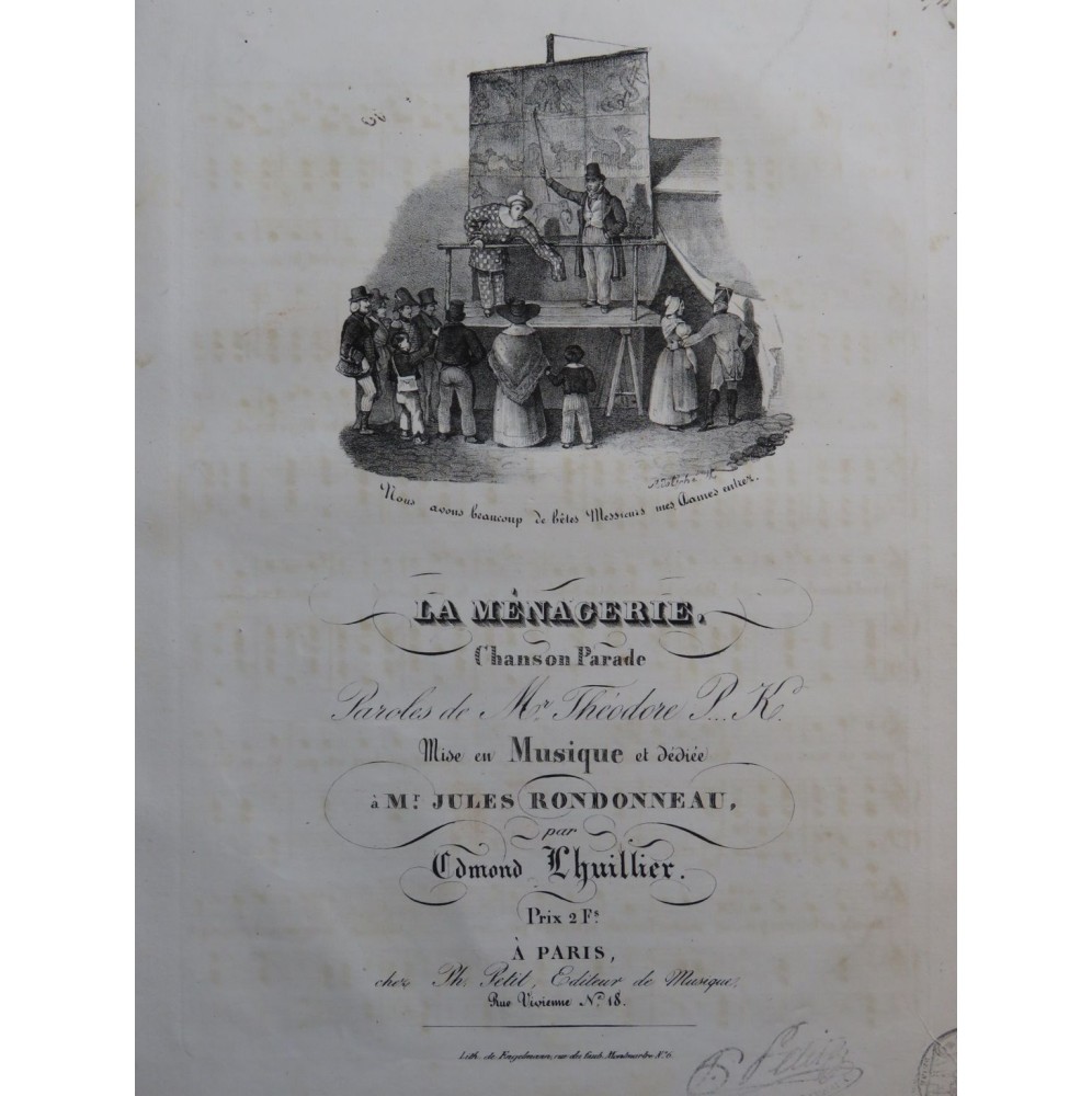 LHUILLIER Edmond La Ménagerie Chant Piano ca1830