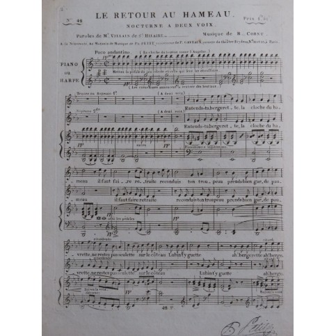 CORNU R. Le Retour Au Hameau Chant Piano ou Harpe ca1830