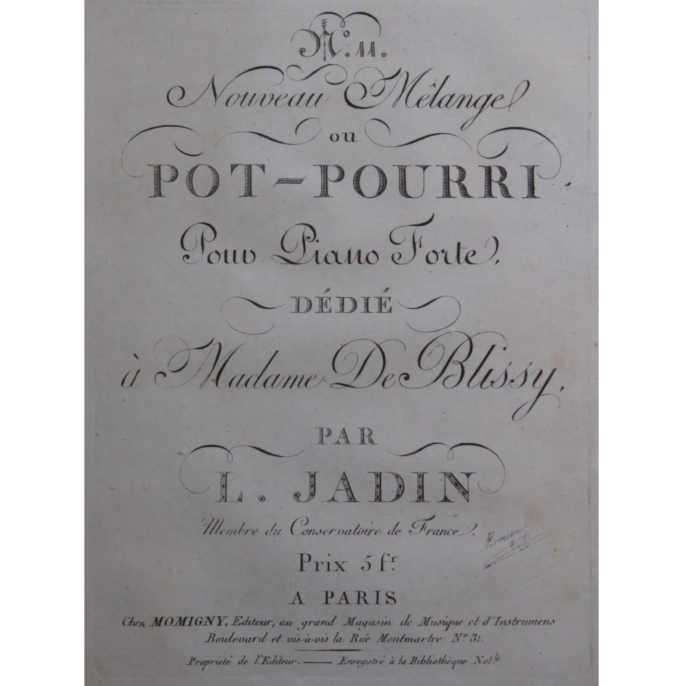 JADIN Louis Pot-Pourri No 11 Ré mineur Piano ca1805
