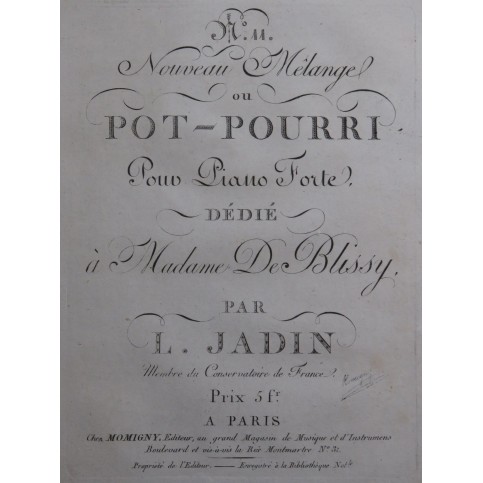 JADIN Louis Pot-Pourri No 11 Ré mineur Piano ca1805
