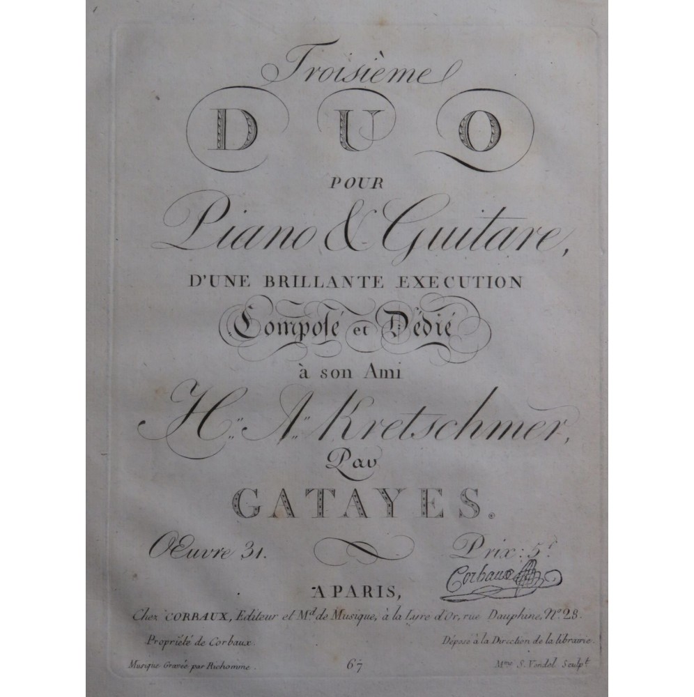 GATAYES Troisième Duo op 31 Piano Guitare ca1820