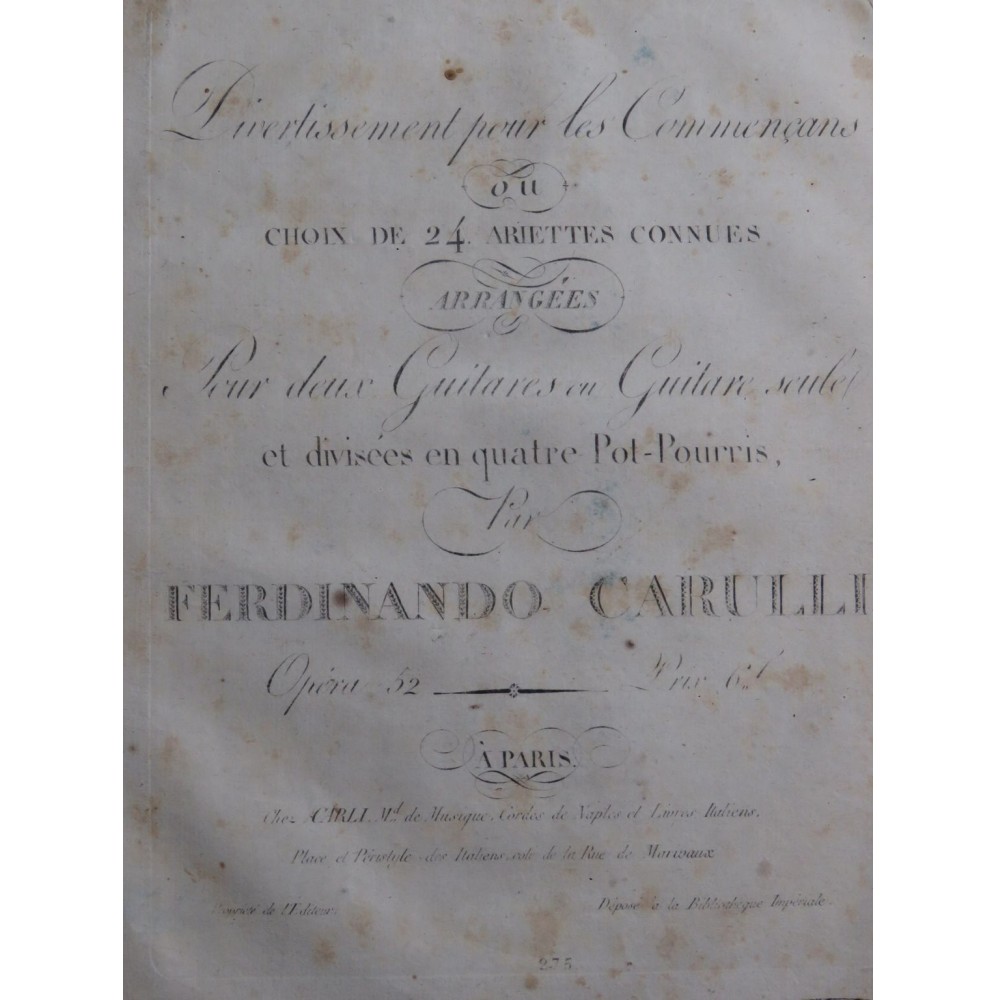 CARULLI Ferdinando Divertissement  24 Ariettes op 52 Guitare ca1815