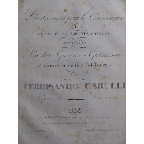 CARULLI Ferdinando Divertissement  24 Ariettes op 52 Guitare ca1815
