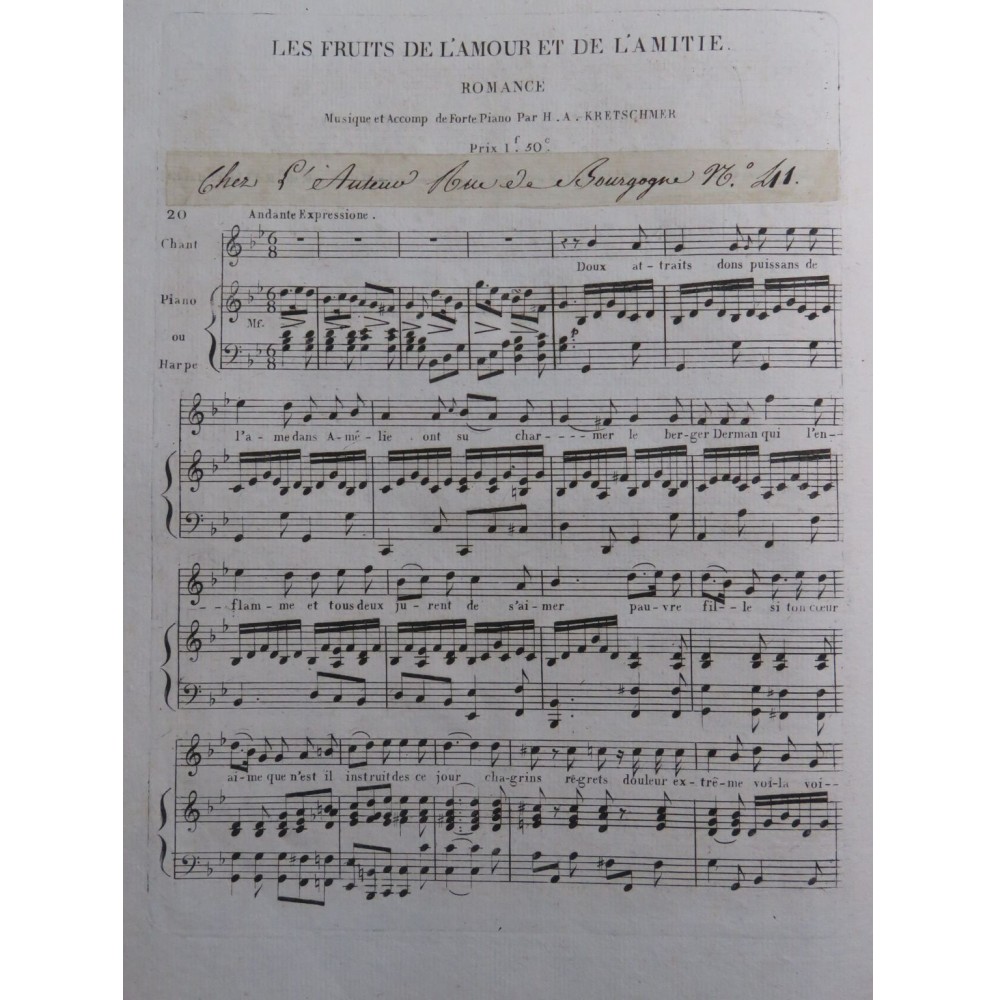 KRETSCHMER H. A. Les Fruits de l'Amour Chant Piano ou Harpe ca1820
